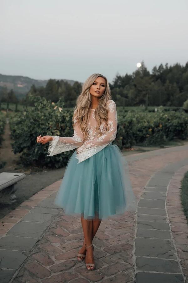 White Lace Two-Piece Long Sleeves Homecoming Dress with Tutu Skirt KPH   kateprom