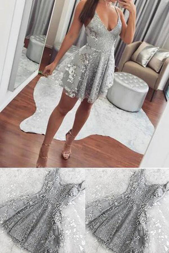 Silver Spaghetti Straps Backless V-neck Mini Lace Homecoming Dress KPH0122