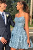 Charming Sky Blue A-line Lace Spaghetti Straps Homecoming Dresses, Short Prom Dress KPH0123