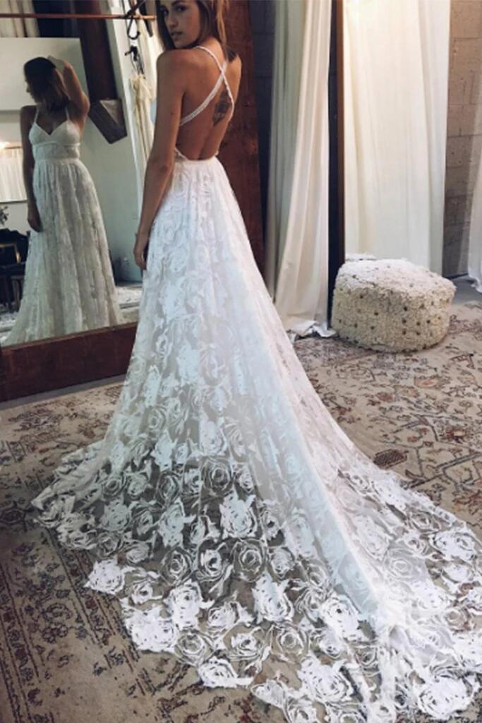 A Line White Straps Long Split V Neck Lace Beach Wedding Dress, Lace B –  kateprom