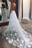A Line White Straps Long Split V Neck Lace Beach Wedding Dress, Lace Bridal Dress KPW0136