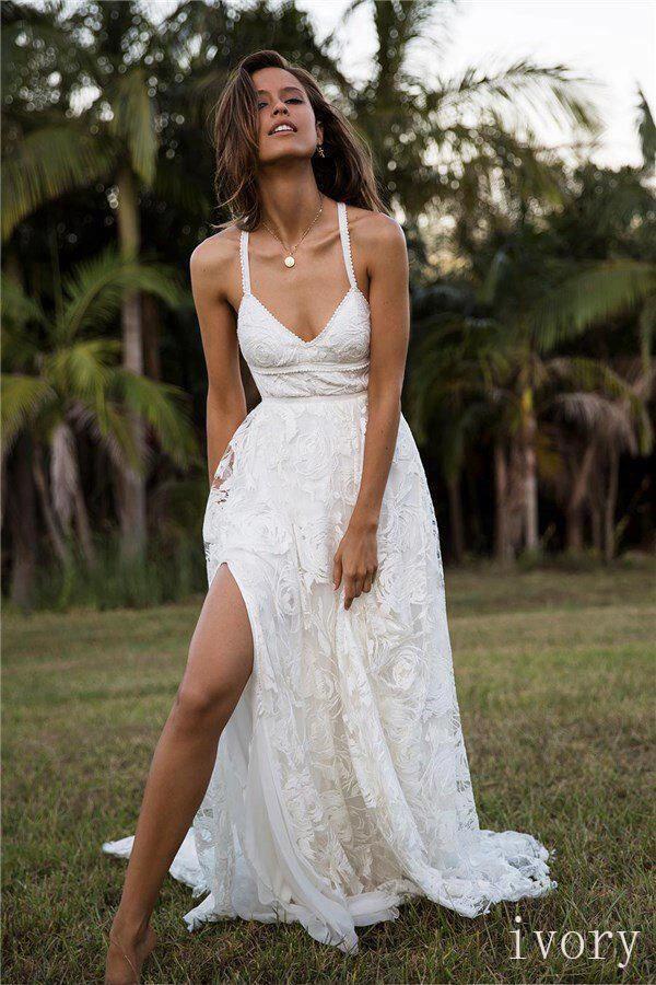 A Line White Straps Long Split V Neck Lace Beach Wedding Dress, Lace B   kateprom
