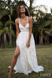 A Line White Straps Long Split V Neck Lace Beach Wedding Dress, Lace Bridal Dress KPW0136