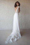 Ivory Cap Sleeve V Neck Wedding Dresses Beach Boho Appliques Bridal Dress KPW0138