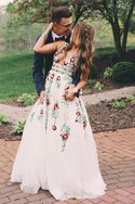 A Line V Neck Ivory Lace Prom Dresses with Flowers, Long Evening Dresses with Appliques KPP0319