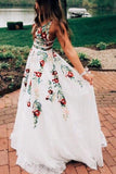 A Line V Neck Ivory Lace Prom Dresses with Flowers, Long Evening Dresses with Appliques KPP0319