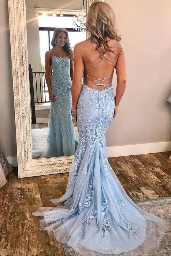 Spaghetti Strap Light Sky Blue Mermaid Prom Dresses Backless Formal Dress KPP0321