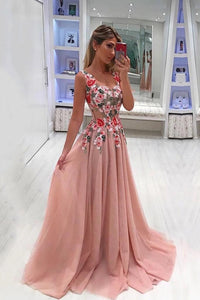 A Line Straps Appliqued Prom Dress, Cheap Sweep Train Tulle Evening Dresses KPP0322