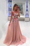 A Line Straps Appliqued Prom Dress, Cheap Sweep Train Tulle Evening Dresses KPP0322