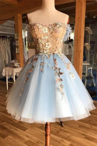 A Line Above-Knee Light Blue Tulle Homecoming Prom Dress with Appliques KPH0124