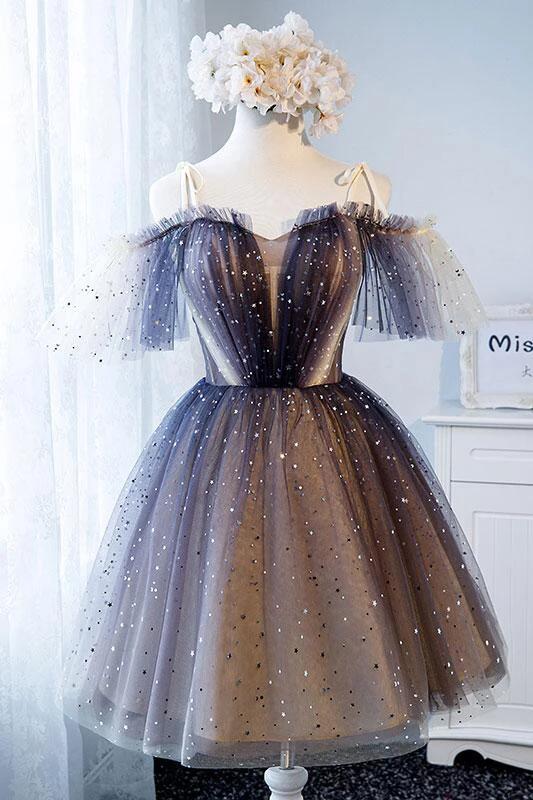 Sparkly Off the Shoulder Homecoming Dress with Short Sleeves, Unique Tulle Short Dress KPH0125