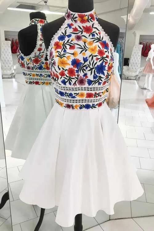 Unique White High Neck Short Prom Dresses, A Line Sleeveless Short Homecoming Dress KPH0126