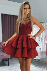 Burgundy Spaghetti Strap Two Layers Satin Short Prom Dress with Appliques KPH0127