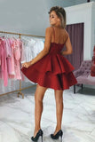 Burgundy Spaghetti Strap Two Layers Satin Short Prom Dress with Appliques KPH0127
