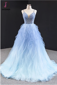Kateprom Cheap Long Light Blue Tulle Beaded Open Back Ruffles Prom Dress online KPP1324