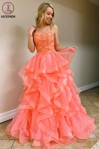 Kateprom Coral Backless Tulle Beaded Long Prom Gowns, Spaghetti Straps Layers Prom Dress KPP1327