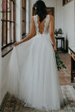 Kateprom Simple White Tulle Lace A line V neck Open Back Beach Wedding Dresses KPW0636