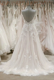 Kateprom Stunning A line Spaghetti Straps Lace Appliques Backless Wedding Dress KPW0639