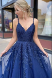 Kateprom A Line V neck Lace Navy Blue Tulle Long Prom Dresses, Evening Dress KPP1369