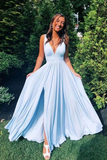 Kateprom Deep V Neck Blue Long Prom Dresses Simple Bridesmaid Dresses KPB0198