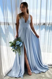 Kateprom Deep V Neck Blue Long Prom Dresses Simple Bridesmaid Dresses KPB0198