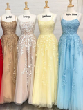 Kateprom A Line Tulle Yellow Spaghetti Straps Prom Dresses with Appliques, Party Dress KPP1376