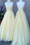 Kateprom A Line Tulle Yellow Spaghetti Straps Prom Dresses with Appliques, Party Dress KPP1376