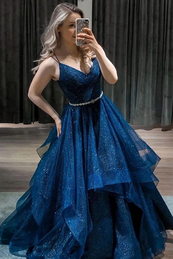 Kateprom Shiny V Neck Dark Blue Long Prom Dress with Belt, Fluffy Blue Formal Evening Dress, Sparkly Blue Ball Gown KPP1406