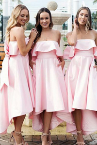 Kateprom Pink Strapless Asymmetric Satin Bridesmaid Dresses, Cheap Bridesmaid Dresses for Sale KPB0201