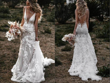 Kateprom Tulle Lace Mermaid Backless Deep V Neck Wedding Dresses, Bridal Gown KPW0688
