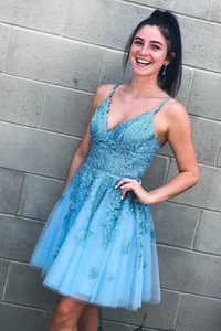 Kateprom A Line V Neck Lace Appliques Tulle Sky Blue Homecoming Dress, Short Prom Dress With Straps KPP1440