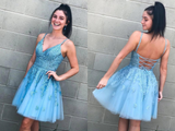 Kateprom A Line V Neck Lace Appliques Tulle Sky Blue Homecoming Dress, Short Prom Dress With Straps KPP1440