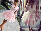 Kateprom Cute A line Long Sleeves Pink Short Lace Appliques V Neck Homecoming Dress KPH0570