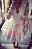 Kateprom Cute A line Long Sleeves Pink Short Lace Appliques V Neck Homecoming Dress KPH0570