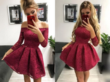 Kateprom Cute Off the Shoulder Long Sleeves Burgundy Lace Homecoming Dresses Sweet 16 Dresses KPH0572