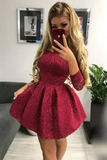Kateprom Cute Off the Shoulder Long Sleeves Burgundy Lace Homecoming Dresses Sweet 16 Dresses KPH0572