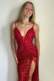 Kateprom Shining Sequin Lace Spaghetti Straps V Neckline Sheath Prom Dresses KPP1456