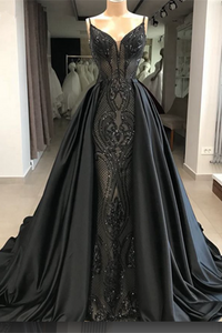 Kateprom Exclusive Black Spaghetti Straps Satin Lace Long Dress for Sale, Party Dresses KPP1420