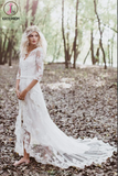 Kateprom White Tulle Lace Long Sleeves Beach Wedding Dresses, Bridal Gown KPW0655