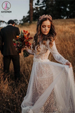Kateprom Polka Dot Long Sleeve Boho Wedding Dresses Lace Bohemian Backless Wedding Gown KPW0609