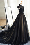 Kateprom Chic A line High Neck Black Tulle Floor Length Modest Prom Dress Evening Dress KPP1546