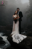 Kateprom Polka Dot Long Sleeve Boho Wedding Dresses Lace Bohemian Backless Wedding Gown KPW0609
