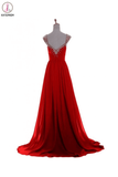 V Neck A-line Red Backless Chiffon Prom Dresses KPP0011