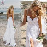 Spaghetti Straps White Lace Chiffon Backless Beach Wedding Gowns KPW0008