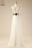 Deep V Neck Cap Sleeves White Chiffon Gold Belt Summer Beach Wedding Dress KPW0005