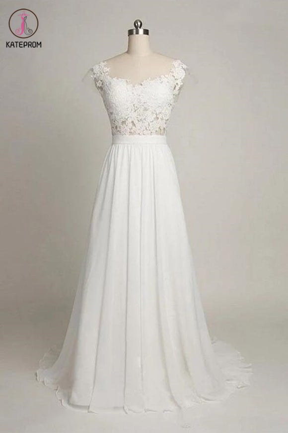 Cap Sleeves Sweetheart Long Chiffon Wedding Dress with Lace KPW0014