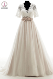 V-neck Court Train Lace Beading Wedding Dresses,Short Sleeves Prom Dress KPW0013