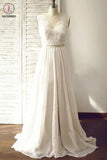 V-neck Backless Wedding Gown,Long Chiffon Bridal Dress,Sleeveless Lace Beach Wedding Dresses KPW0012