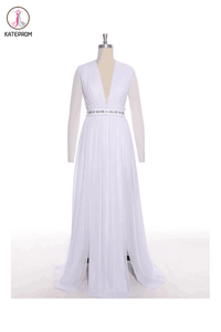 Simple White Chiffon Deep V-neck Long Wedding Dresses KPW0009