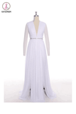 Simple White Chiffon Deep V-neck Long Wedding Dresses KPW0009